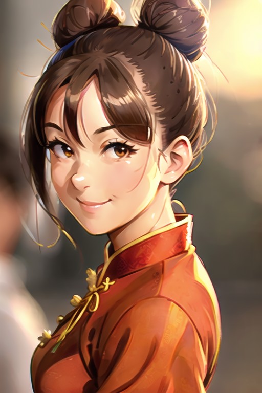 1girl, solo, (highly detailed eyes), detailed face, intricate details, portrait, chun-li, (brown eyes), brown hair, upper ...